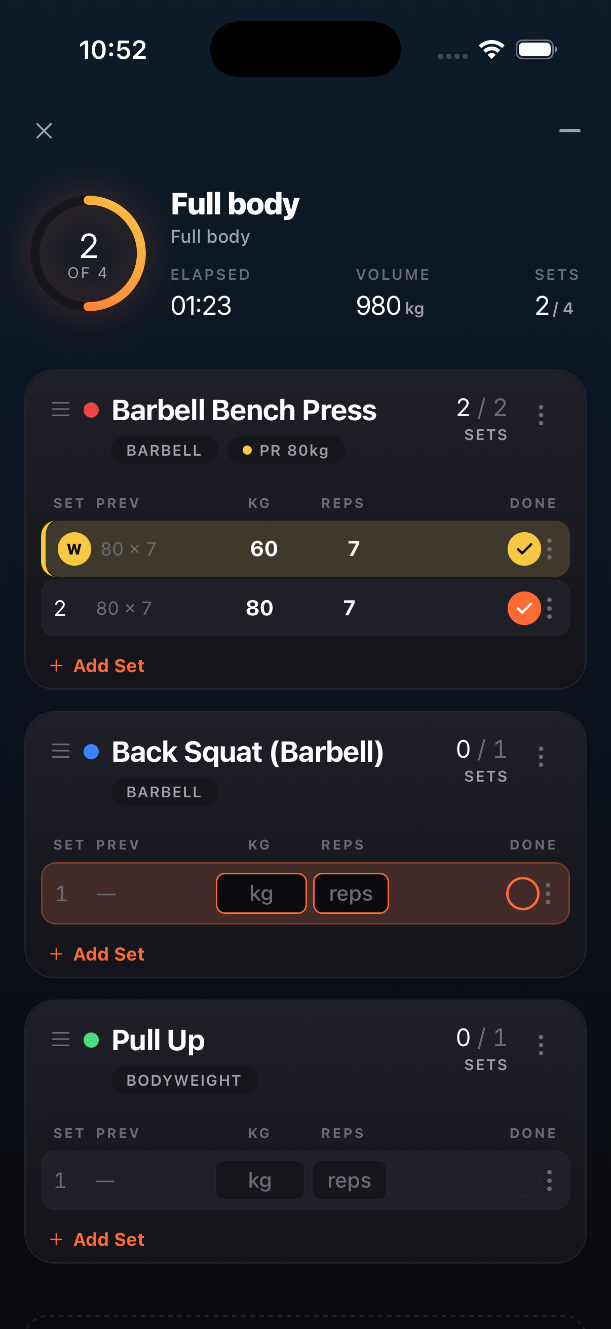 LiftHero active workout screen